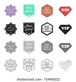 Different types of labels, special offer, VIP. Label set collection icons in cartoon black monochrome outline style vector symbol stock illustration web.