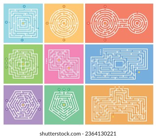 Different types of labyrinths. Finding the right path from the starting point to the destination. Solving labyrinth riddles. Vector illustration