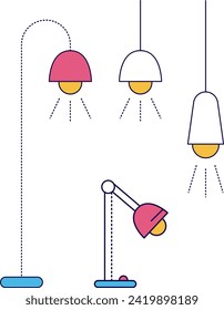 Different types of lamps with lights on white background. Various hanging and desk lamps in modern design vector illustration.