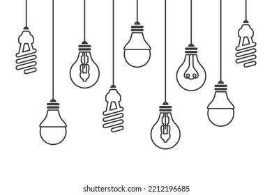Different types of lamps on a white background. Modern line illustration of light bulbs.