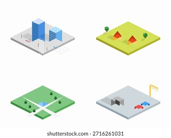 Different types of land use showing buildings, fields, and parks in a simple layout made for learning purposes