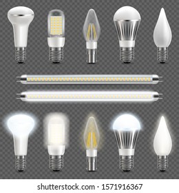 Different types of Led light bulbs, vector illustration isolated on transparent background. Energy efficient lighting, Led lightning technology concept.