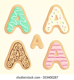 The different types of the A letter in the shape of the cookie with sweet glaze