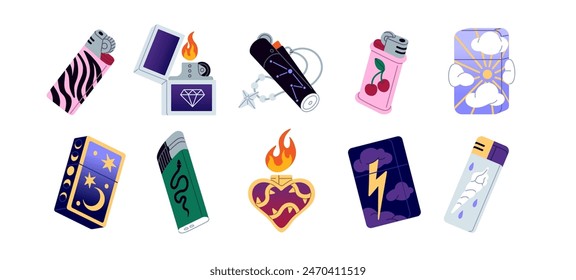 Different types of lighters set. Design of smoking equipment, accessory. Colored gas, petrol tools with abstract patterns for ignition of fire. Flat isolated vector illustrations on white background