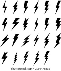 Different Types of Lightning Bolt Vector Set in Black Color