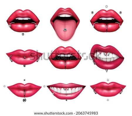 Different types of lips and tongue piercing realistic set isolated on blank background vector illustration