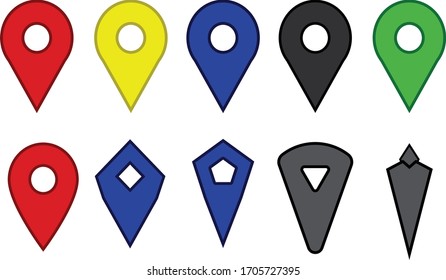 Different types of location pins, on multiple colors.