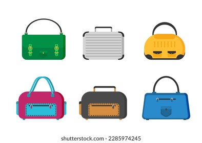 Different types of luggage. Large and small suitcase, hand luggage, backpack, box, handbag. Big set of bag. Plastic, metal suitcases, backpacks, bags for luggage. Vector illustration, EPS 10.