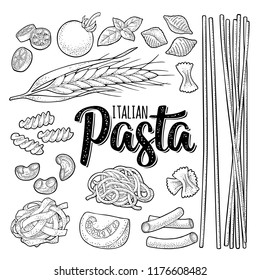 Different types macaroni and ITALIAN PASTA lettering. Farfalle, conchiglie, maccheroni, fusilli, penne, pipe, spaghetti, ruote, fettuccine, tomato, ear wheat. Vector vintage color and black engraving