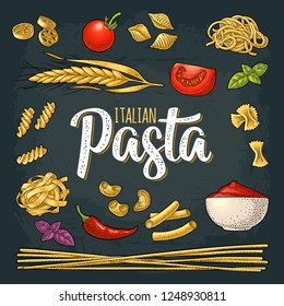 Different types macaroni and ITALIAN PASTA handwriting lettering. Farfalle, conchiglie, maccheroni, fusilli, penne, pipe, spaghetti, ruote, fettuccine tomato, wheat. Vector vintage color engraving