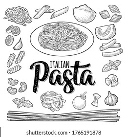 Different types macaroni and spaghetti on plate. Vector vintage color engraving isolated on white. ITALIAN PASTA handwriting lettering.