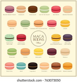 Different types of macaroons. Macaroons  menu. Set of different taste cake macarons. Flat style, vector illustration.