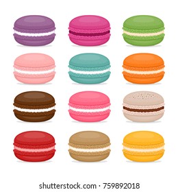Different types of macaroons. Set of different taste cake macarons. Flat style, vector illustration.