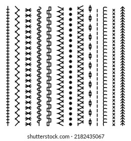 Different types of machine black stitch brush pattern for fasteners, dresses garments, bags, clothing and accessories. Set of sewing machines for embroidery. Embroidery cloth edge texture. Vector