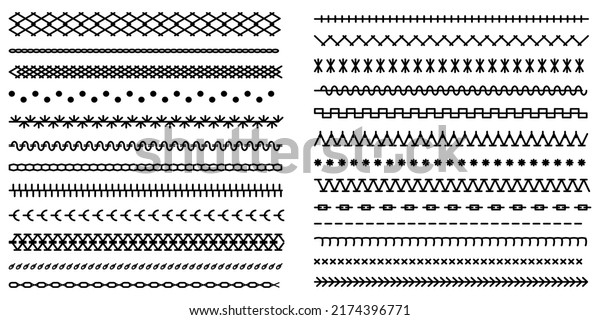 Different types of machine black stitch brush\
pattern for fasteners, dresses garments, bags, clothing and\
accessories. Set of sewing machines for embroidery. Embroidery\
cloth edge texture.\
Vector