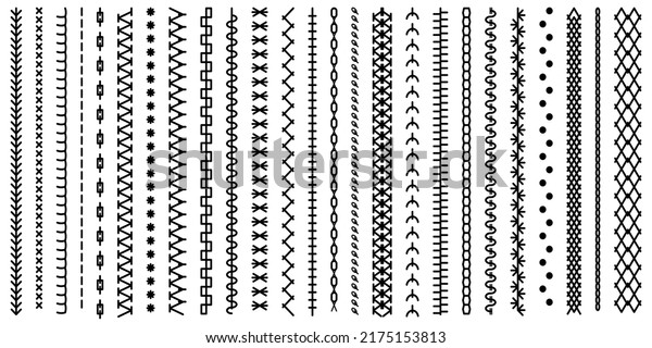 Different types of machine black stitch brush\
pattern for fasteners, dresses garments, bags, clothing and\
accessories. Set of sewing machines for embroidery. Embroidery\
cloth edge texture.\
Vector