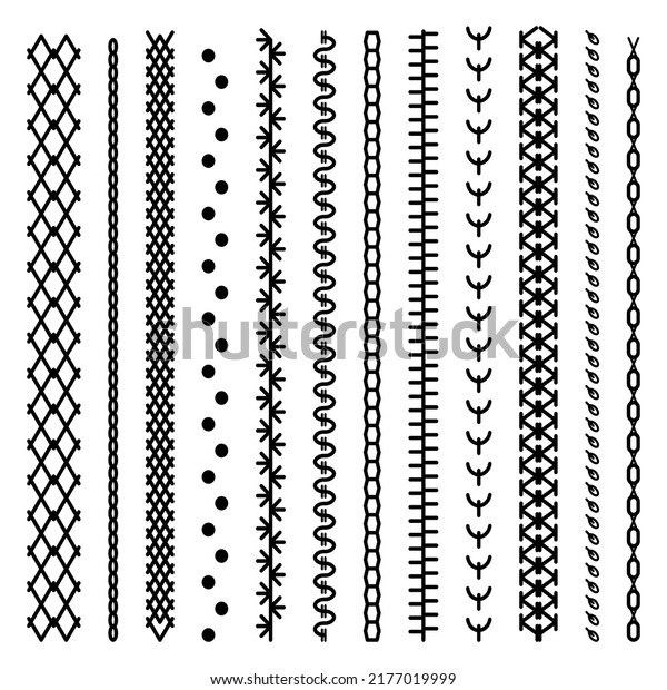 Different types of machine black stitch brush
pattern for fasteners, dresses garments, bags, clothing and
accessories. Set of sewing machines for embroidery. Embroidery
cloth edge texture.
Vector