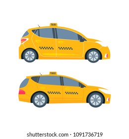 Different types of  machine yellow cab isolated on white background. Public taxi service concept.  Flat vector illustration.