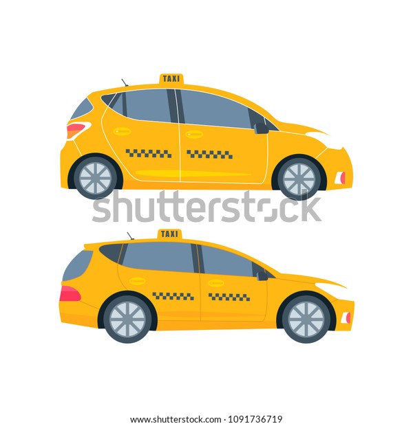 Different types of  machine yellow cab
isolated on white background. Public taxi service concept.  Flat
vector illustration.