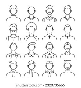 Different Types Male Avatar Black Thin Line Icon Set Head and Diversity Hairstyle. Vector illustration of User Icons