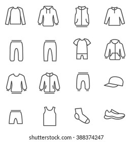 Diferentes tipos de ropa de hombre para el deporte / La ropa de hombre para el deporte y el hogar como iconos de línea

