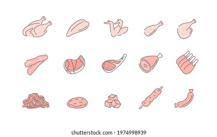 Different types of Meat. Chicken Breast, Drumsticks, Steak, Ribs and other Red Meat, Poultry and Pork Parts. Butcher Shop Symbols. Flat Line Vector Illustration and Icons set. svg
