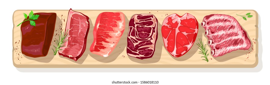 Different types of meat with greenery on chopping wooden board beef, pog, mutton, lamb, veal. Steak assortment for barbecue, butchery, farm market, charcuterie. Vector realistic illustration.