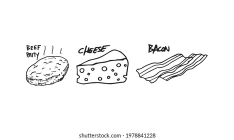 Different types of a meat and one cheese, hand drawn outline drawing. Simple food with letters explanation silhouette vector drawing detail. Delicious breakfast contour art. Hamburger ingredients.