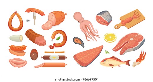 Different types of meat products and fish set. Isolated set food on white background. Menu design in cartoon style.
