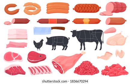 Different types of meat. Sausages, ham, lard, steak, wings, thighs, chicken, steak, ribs. Silhouette of cow, pig, chicken vector isolated objects.