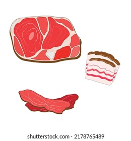 Different types of meat. Veal, pork. Steak, lard, pork leg. Isolated vector illustration.