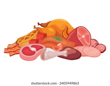 Verschiedene Arten von Fleisch, Vektorgrafik. Pile von Fleisch Symbol einzeln auf weißem Hintergrund. Rindfleisch, Schweinefleisch, Huhn, Geflügel, Fisch, Meeresfrüchte-Design-Element. Rohfleisch und verarbeitete Fleischvektor