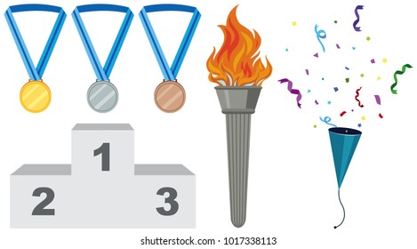 Diferentes tipos de medallas e ilustración de antorchas