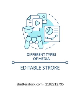 Different types of media turquoise concept icon. Microlearning aspect abstract idea thin line illustration. Media formats. Isolated outline drawing. Editable stroke. Arial, Myriad Pro-Bold fonts used