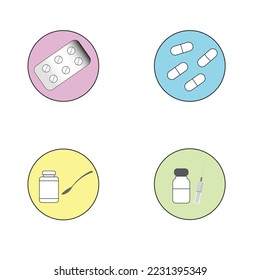 Diferentes tipos de medicamentos como píldoras, cápsulas, jarabe, vacuna