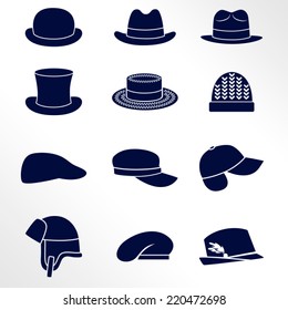 Different types of men hats / Solid fill vector icons