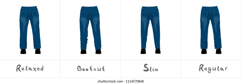 Different types of men's blue jeans with antique brass buttons and yellow threads back view isolated on white vector illustration