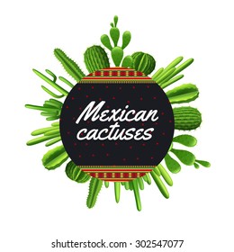 Different types of mexican cactus plants in circle shape vector illustration