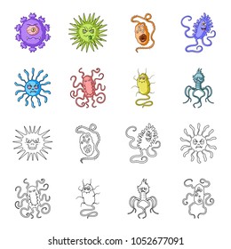 Different types of microbes and viruses. Viruses and bacteria set collection icons in cartoon,outline style vector symbol stock illustration web.