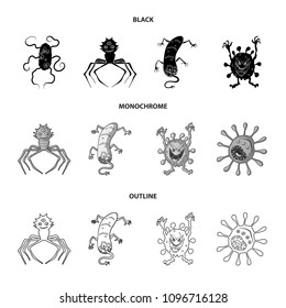 Different types of microbes and viruses. Viruses and bacteria set collection icons in black,monochrome,outline style vector symbol stock illustration web.