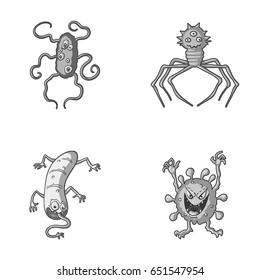 Different types of microbes and viruses. Viruses and bacteria set collection icons in monocrome style vector symbol stock illustration web.