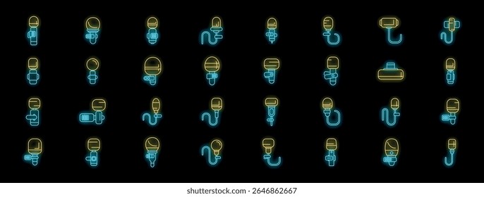 Diferentes tipos de micrófonos que brillan con luz de neón, ideal para representar música, podcasts o radiodifusión