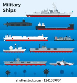 Different types of military warships, naval combat ships, aircraft carrier, boats, frigates, light cruiser, underwater mine, submarine on blue sea. Isolated flat vector illustration.