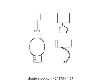  Different types of modern desk lamps or table lamps are isolated.black line art icons on a white background.