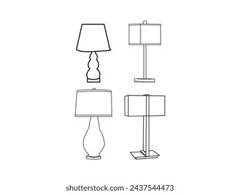  Different types of modern desk lamps or table lamps are isolated.black line art icons on a white background.