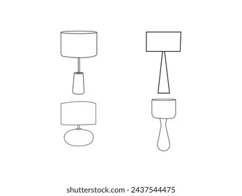  Verschiedene Arten von modernen Schreibtischlampen oder Tischlampen sind isoliert.Schwarze Linie Art Icons auf einem weißen Hintergrund.