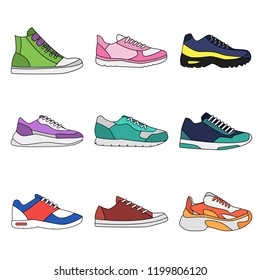 Different types of modern sneakers for everyday wear.