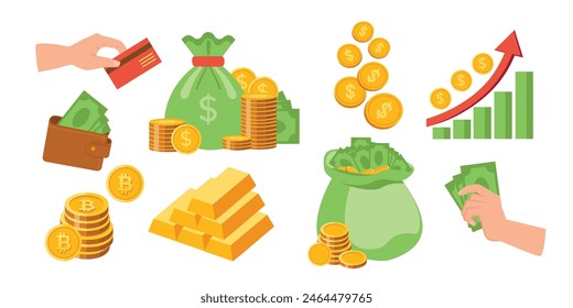Different types of money. Money bag with banknotes. Symbol of wealth, success and good luck. Bank and Finance.