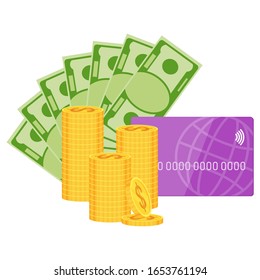 Different types of money. Metallic gold coins, paper banknotes and credit card. Cash and cashless payments. Flat vector cartoon illustration isolated on white background.
