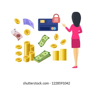 Different types of money and payments. Paper currency bills, non-cash payment cards with secure PIN code protection, metal coins, electronic virtual money. Vector illustration isolated.